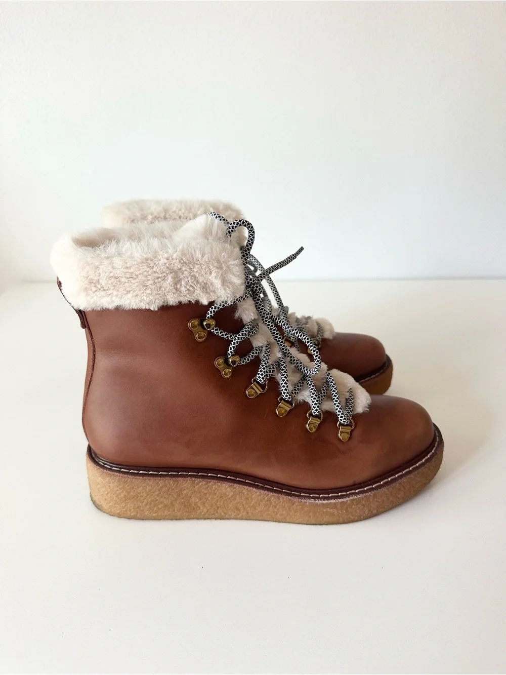 J.Crew Faux Fur Lined Brown Leather Lace Up Nordic Hiking Boots Size 8.5